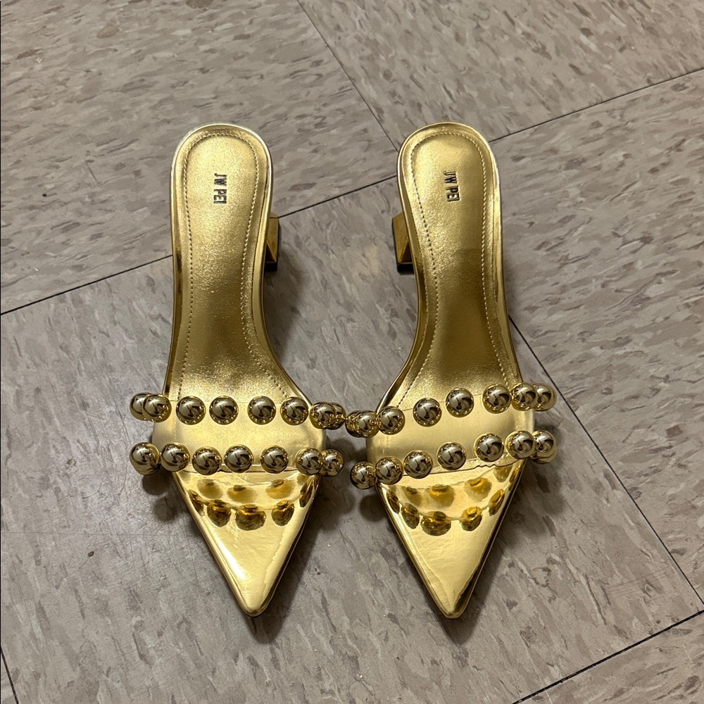 JW PEI Metallic Gold Heels with Beaded Strap - Picture 3 of 5